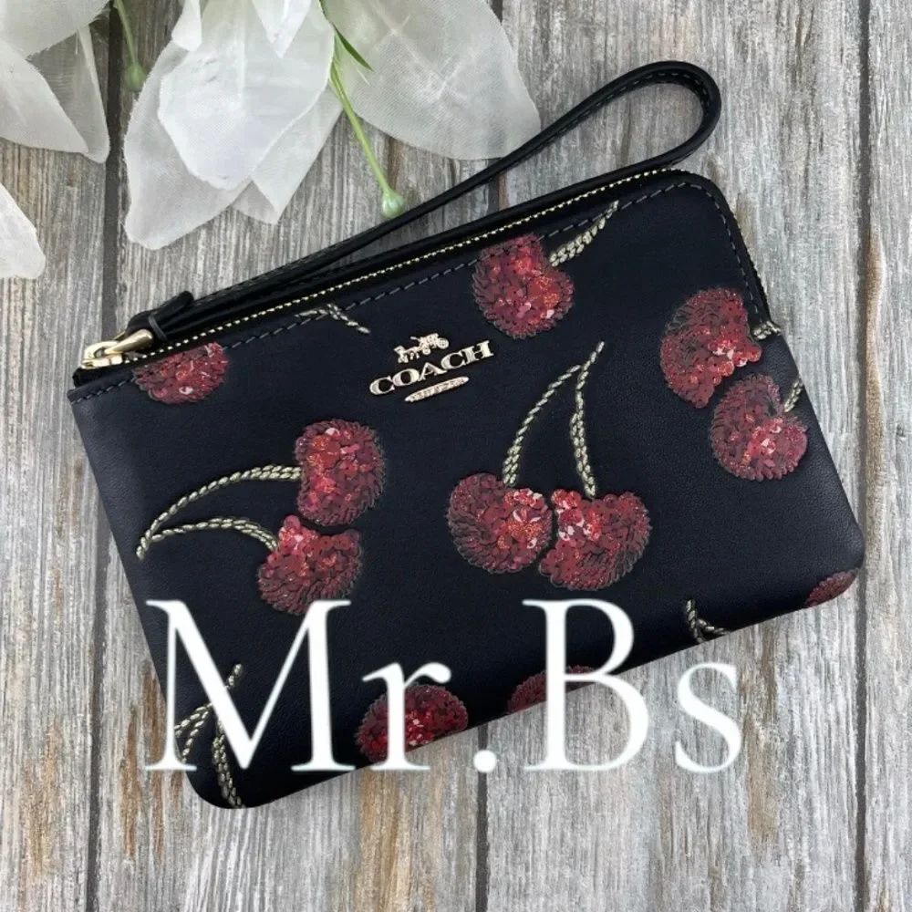 Coach Corner Zip Wristlet With Black Cherry Print Leather Wallet Bag Purse